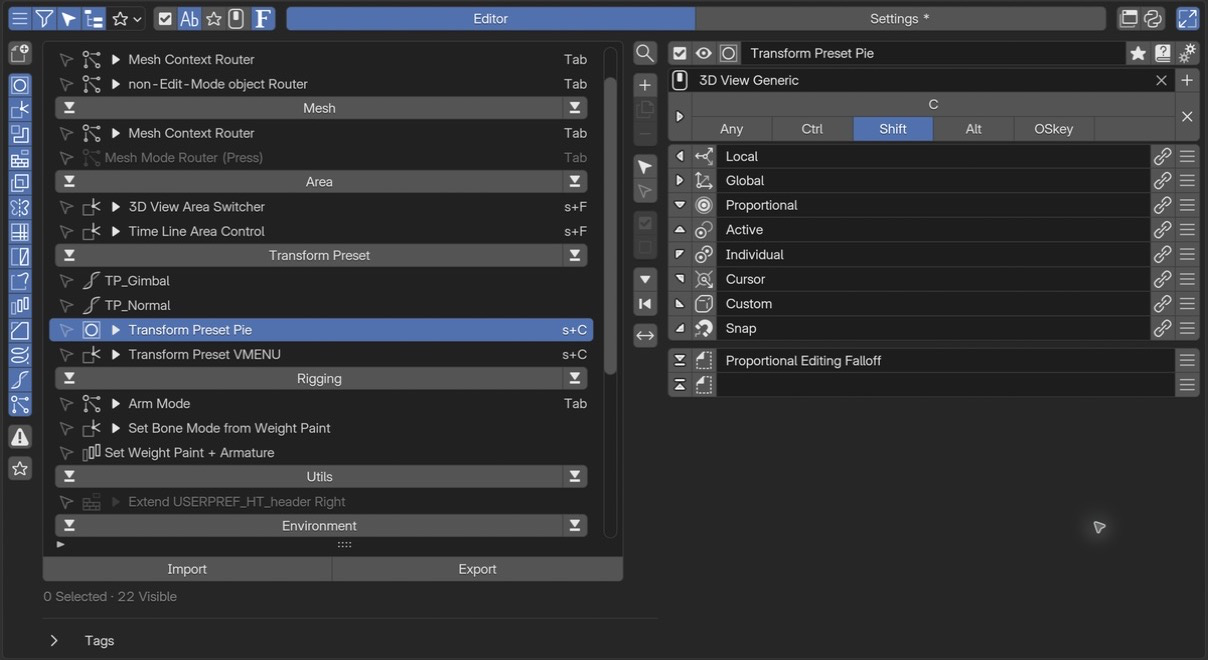 PME の全体画面。左にタグで整理されたメニュー一覧、右に Transform Preset Pie の名前、Shift C のホットキー、Local・Global・Proportional などのスロットが並ぶ。