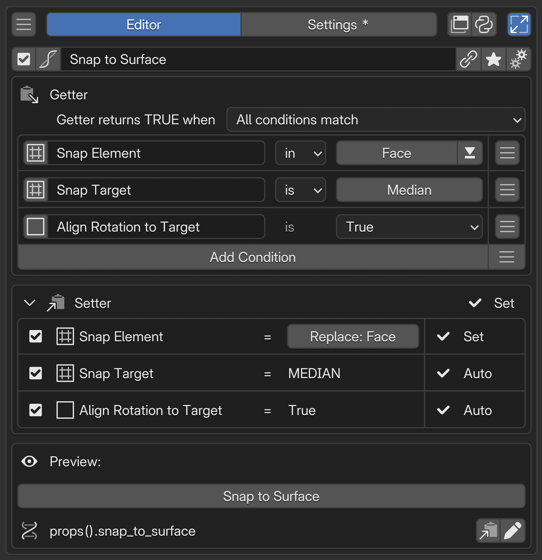 Snap to Surface の編集画面。Getter、展開した Setter、Preview が上から並びます。