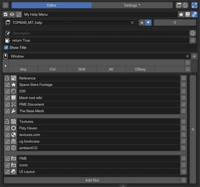 My Help Menu の編集画面。